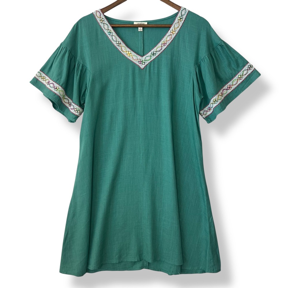 Umgee L Dress Tunic Teal Green Linen Blend Embroidered V-Neck Artsy Boho Flutter
